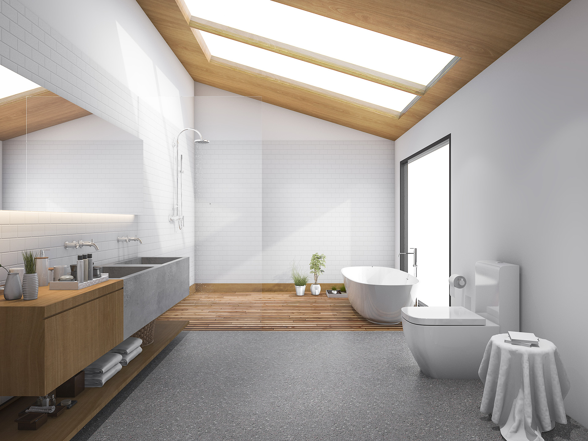 skylight wood roof with modern design bathroom and toilet